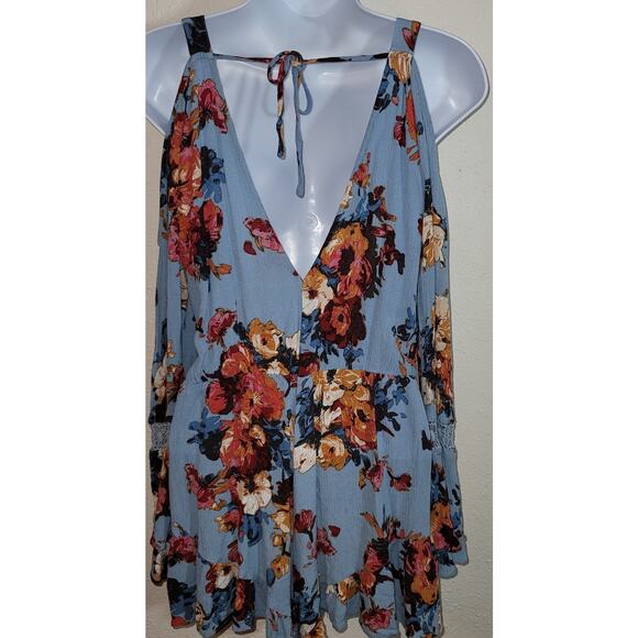 Chelesa & Violet Blue Floral Cold Shoulder Women's Short Romper L Long Sleeves - Picture 3 of 6